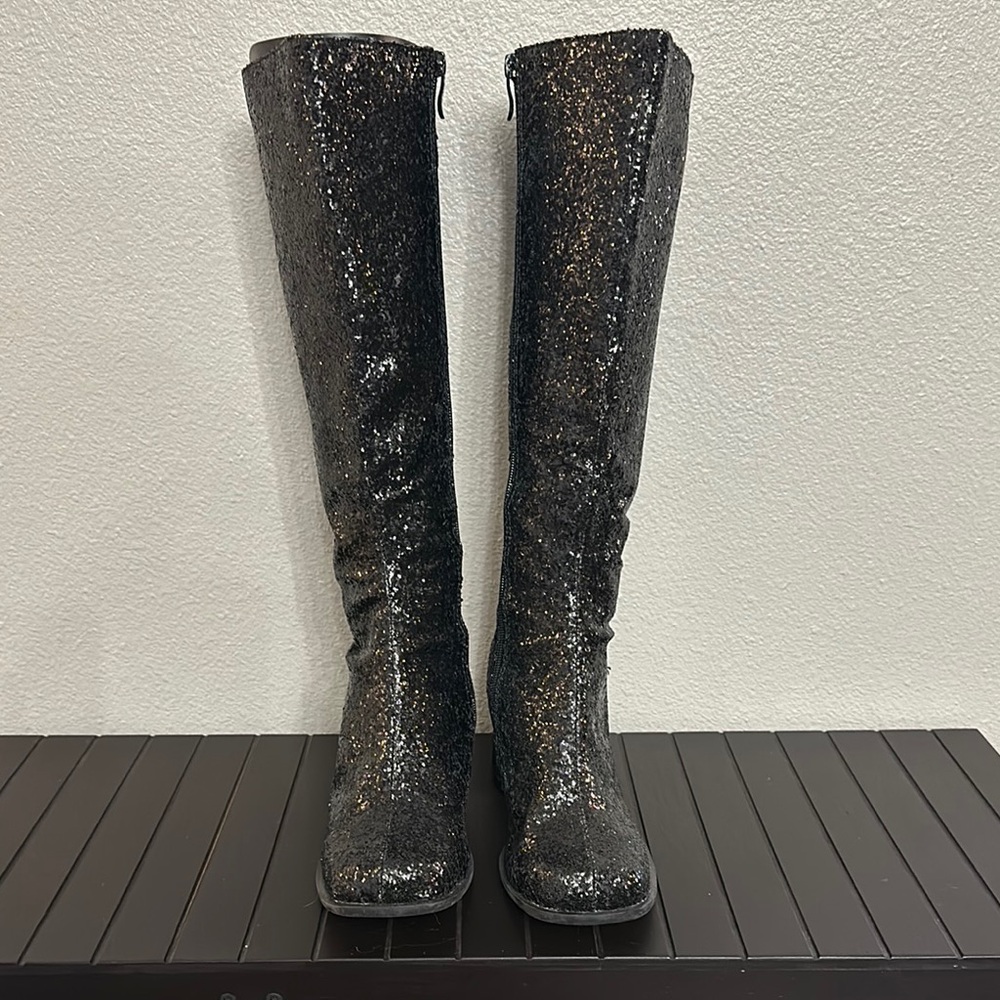 Black Over the Knee Boots with Patent Leather Finish and Glittery Texture